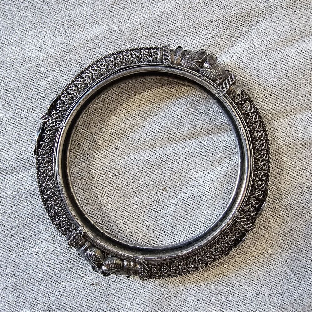 Vintage Silver Tone Rattle Bracelet Bangle With Trunks Up Elephants Tribal